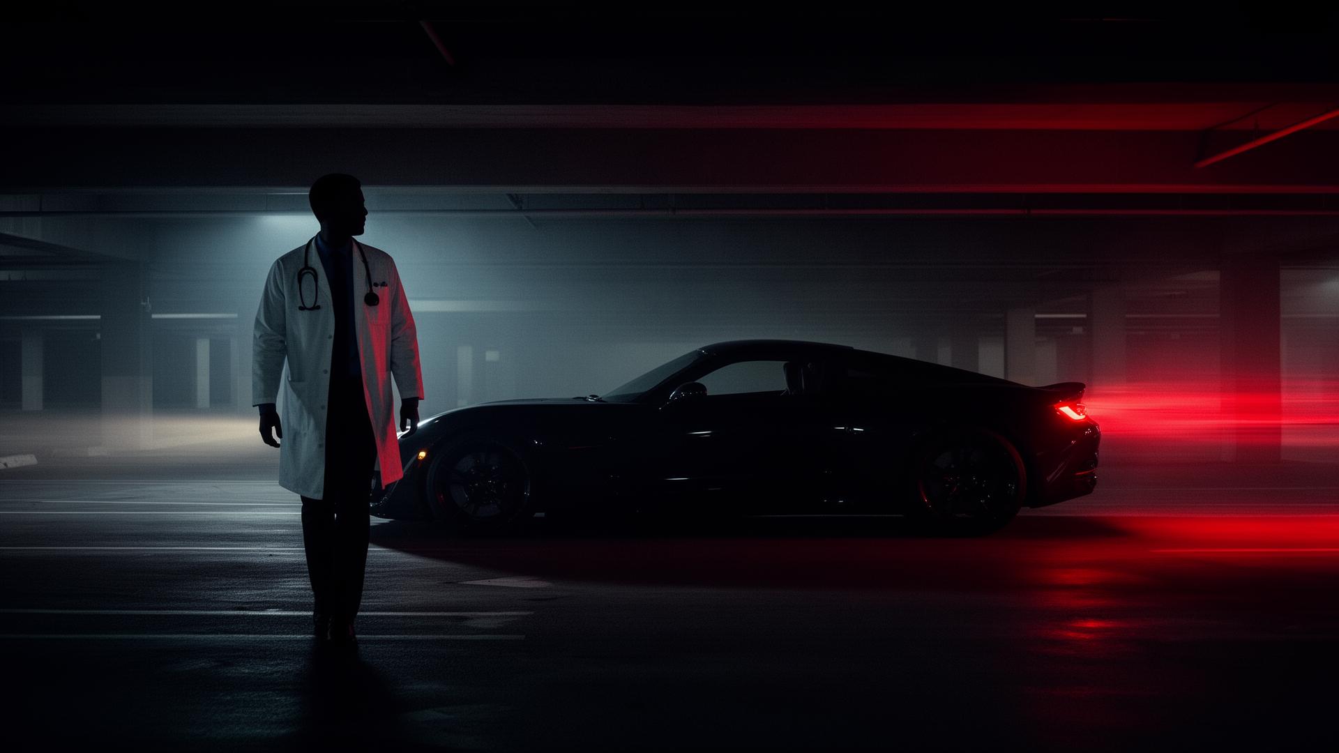 Doctor walking toward sports car in a red-lit garage